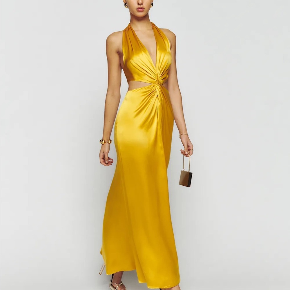 reformation yellow halter dress Nerida Silk Gold Leg day